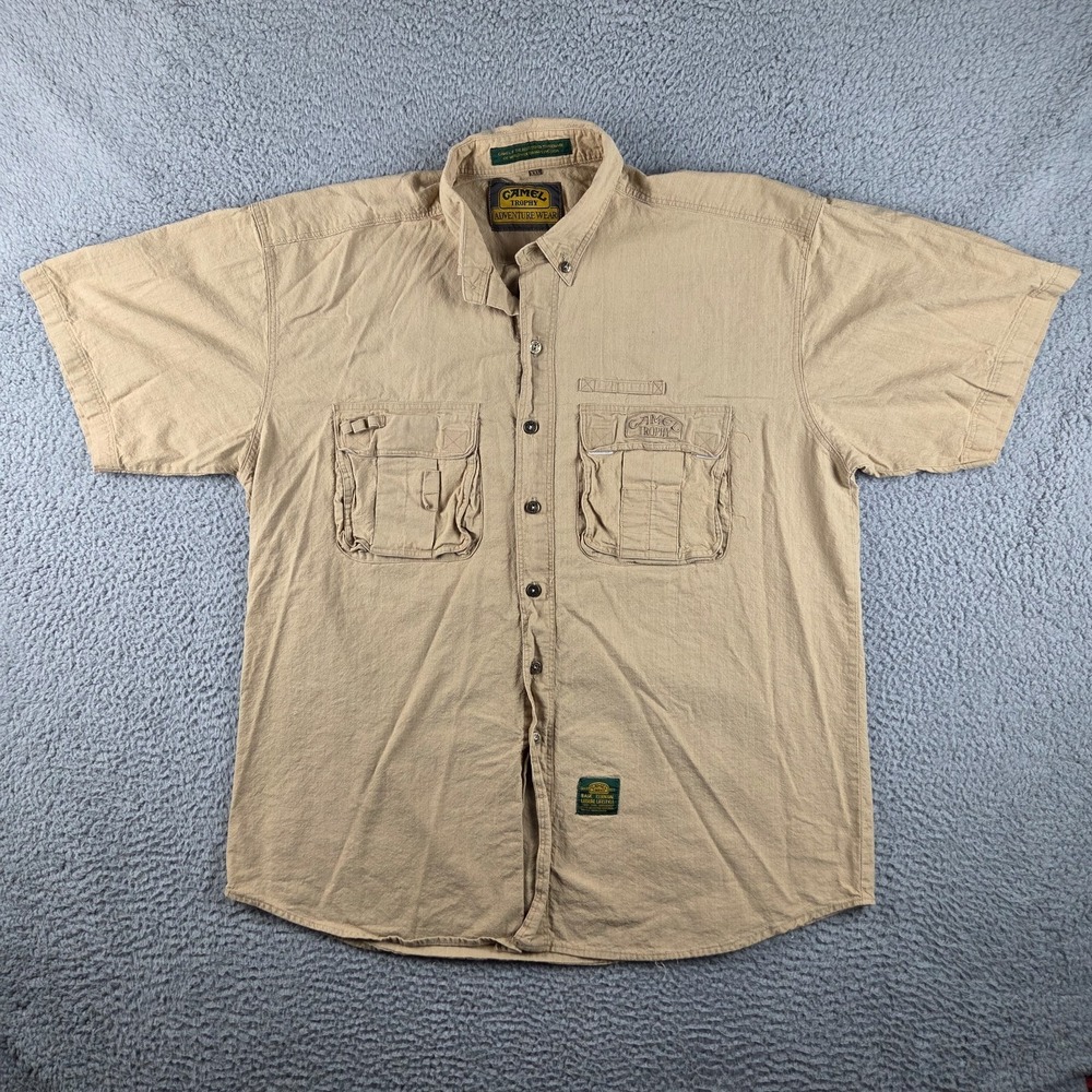 Camel Trophy Adventure Wear Shirt Mens 2XL Khaki Safari Outdoor Button Up Logo